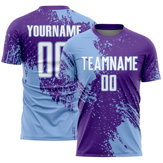 Custom Purple White-Light Blue Abstract Brush Stroke Sports Sublimation Soccer Uniform Jersey - Main View