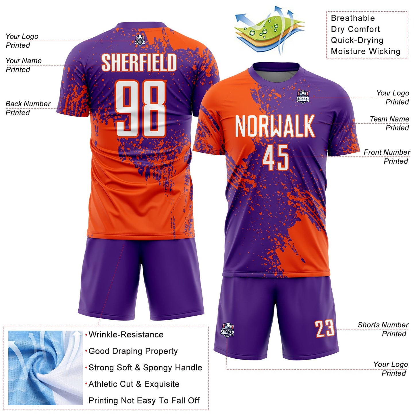 Custom Purple White-Orange Abstract Brush Stroke Sports Sublimation Soccer Uniform Jersey view 4