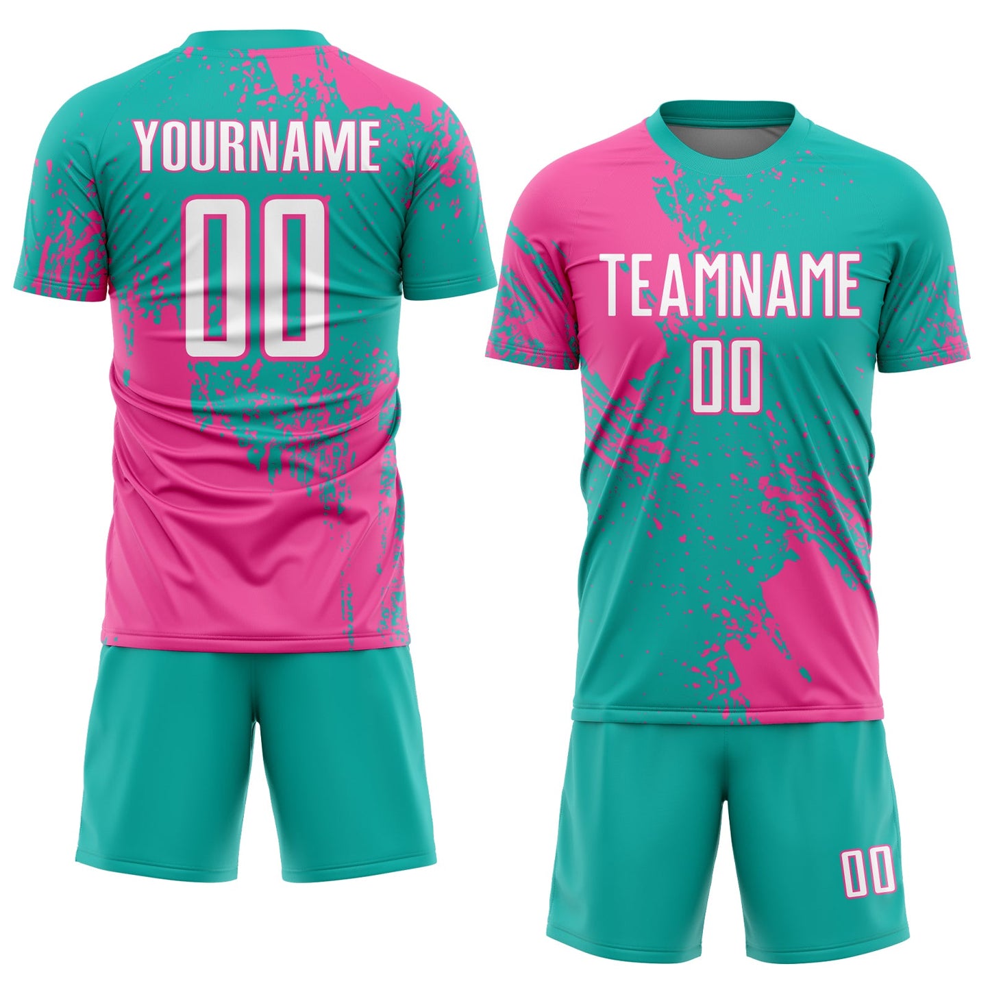 Custom Aqua White-Pink Abstract Brush Stroke Sports Sublimation Soccer Uniform Jersey view 2