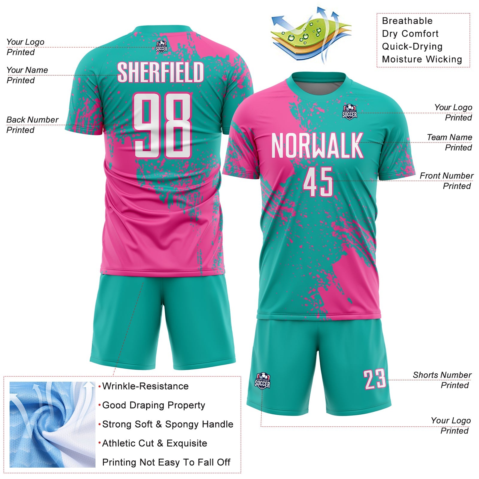 Custom Aqua White-Pink Abstract Brush Stroke Sports Sublimation Soccer Uniform Jersey view 4