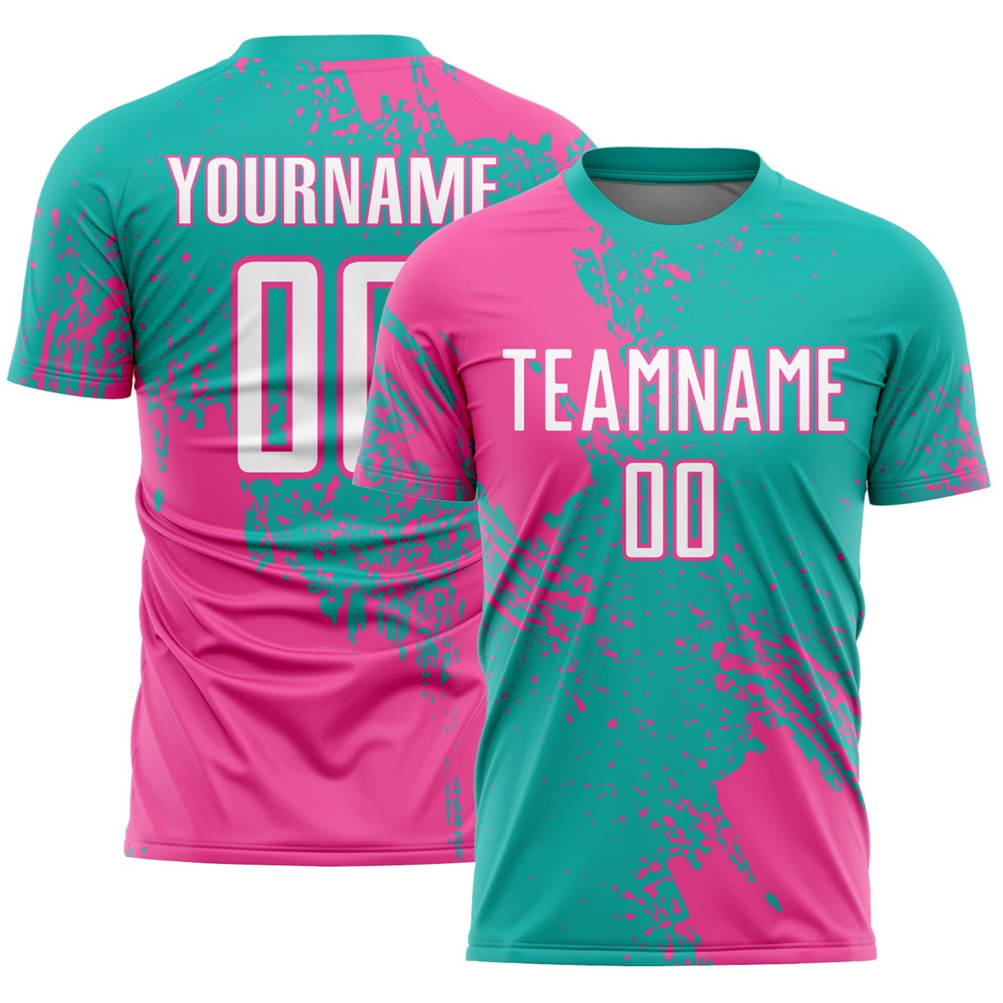Custom Aqua White-Pink Abstract Brush Stroke Sports Sublimation Soccer Uniform Jersey - Main View