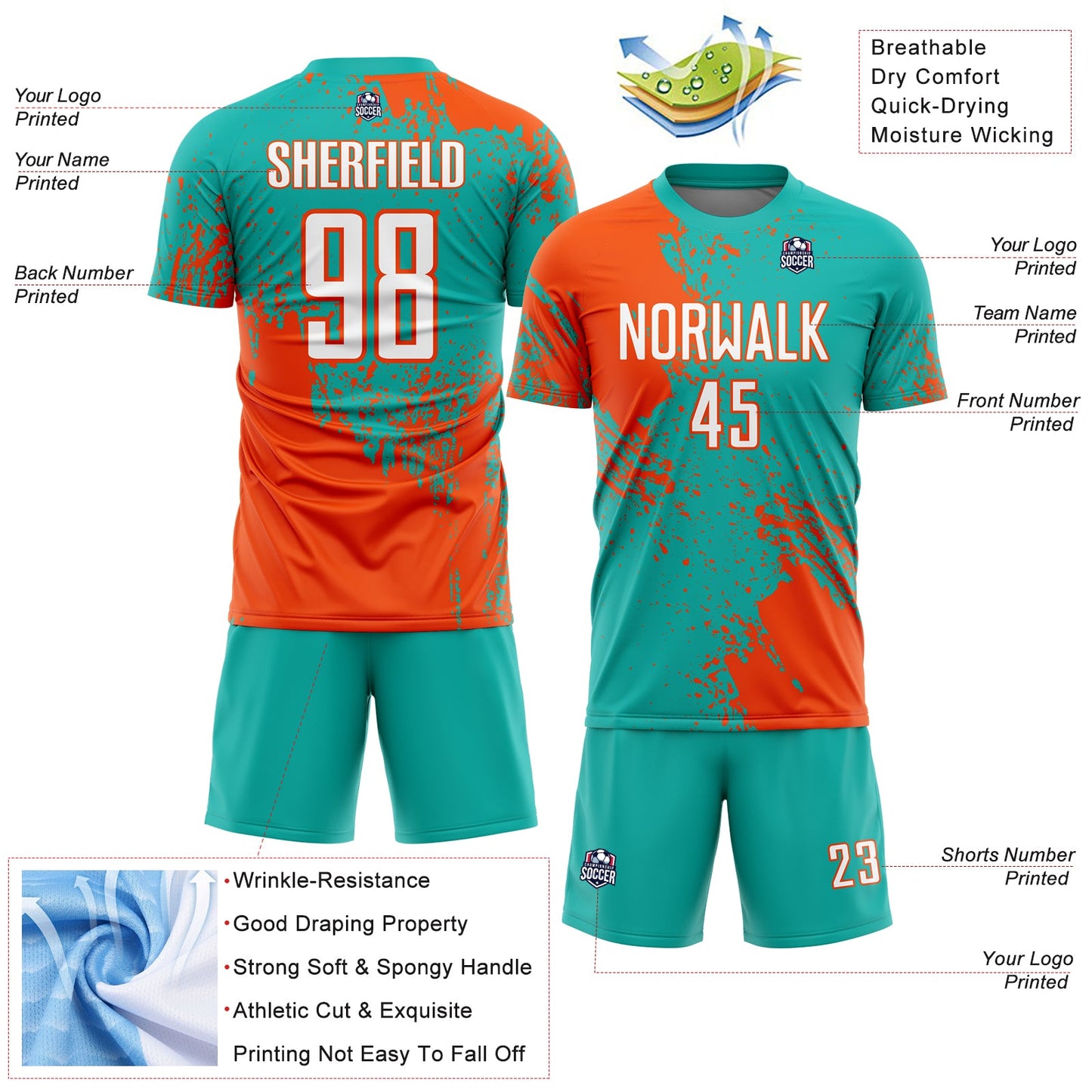 Custom Aqua White-Orange Abstract Brush Stroke Sports Sublimation Soccer Uniform Jersey view 4