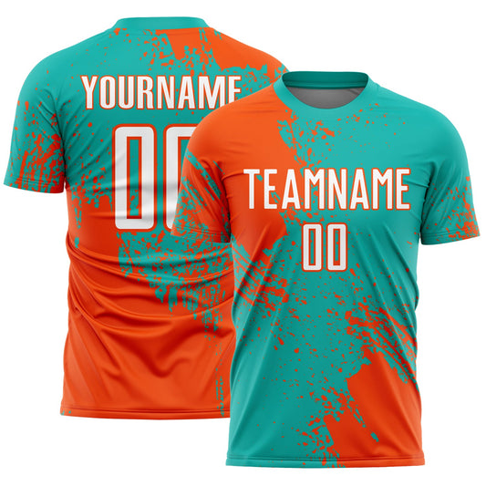 Custom Aqua White-Orange Abstract Brush Stroke Sports Sublimation Soccer Uniform Jersey - Main View