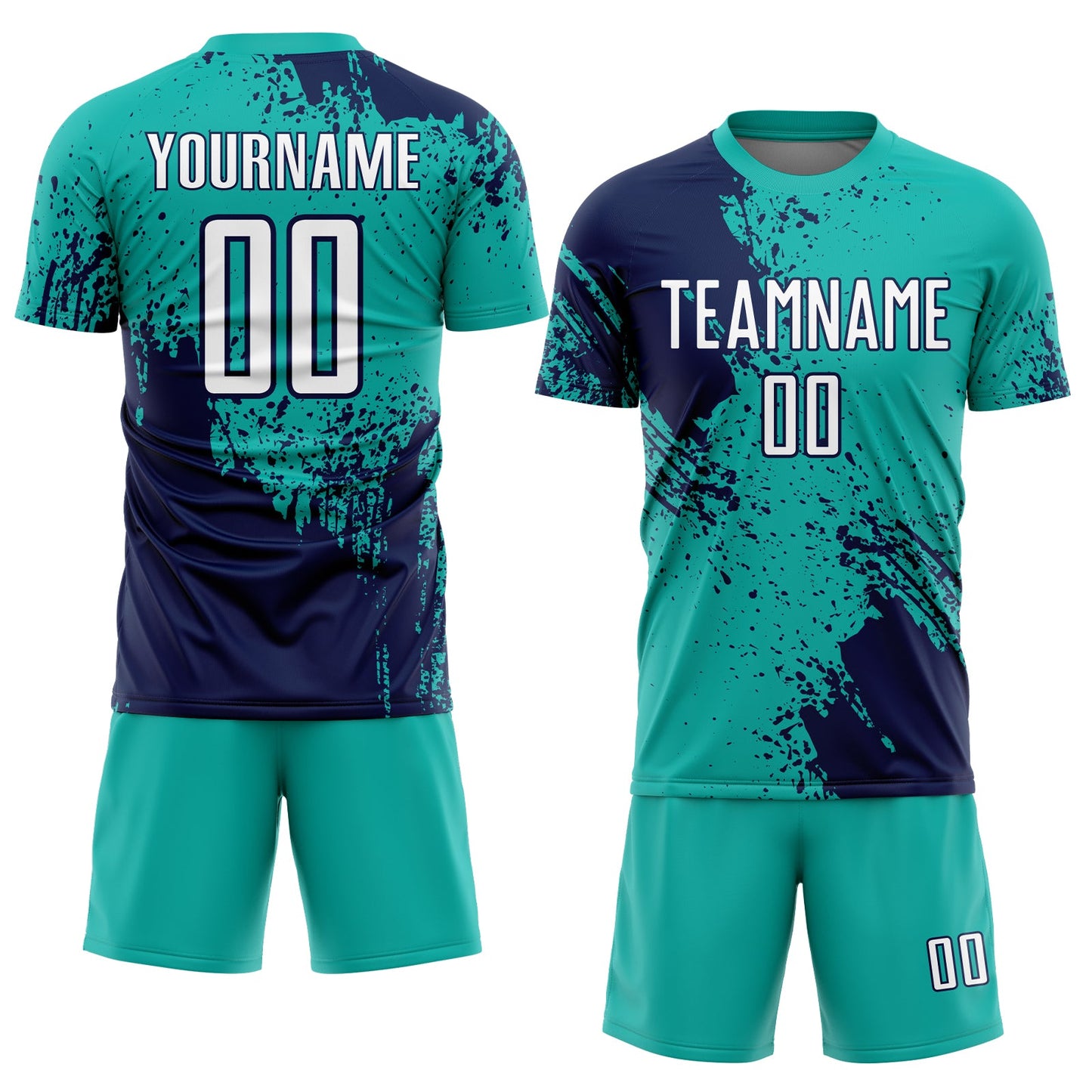 Custom Aqua White-Navy Abstract Brush Stroke Sports Sublimation Soccer Uniform Jersey view 2
