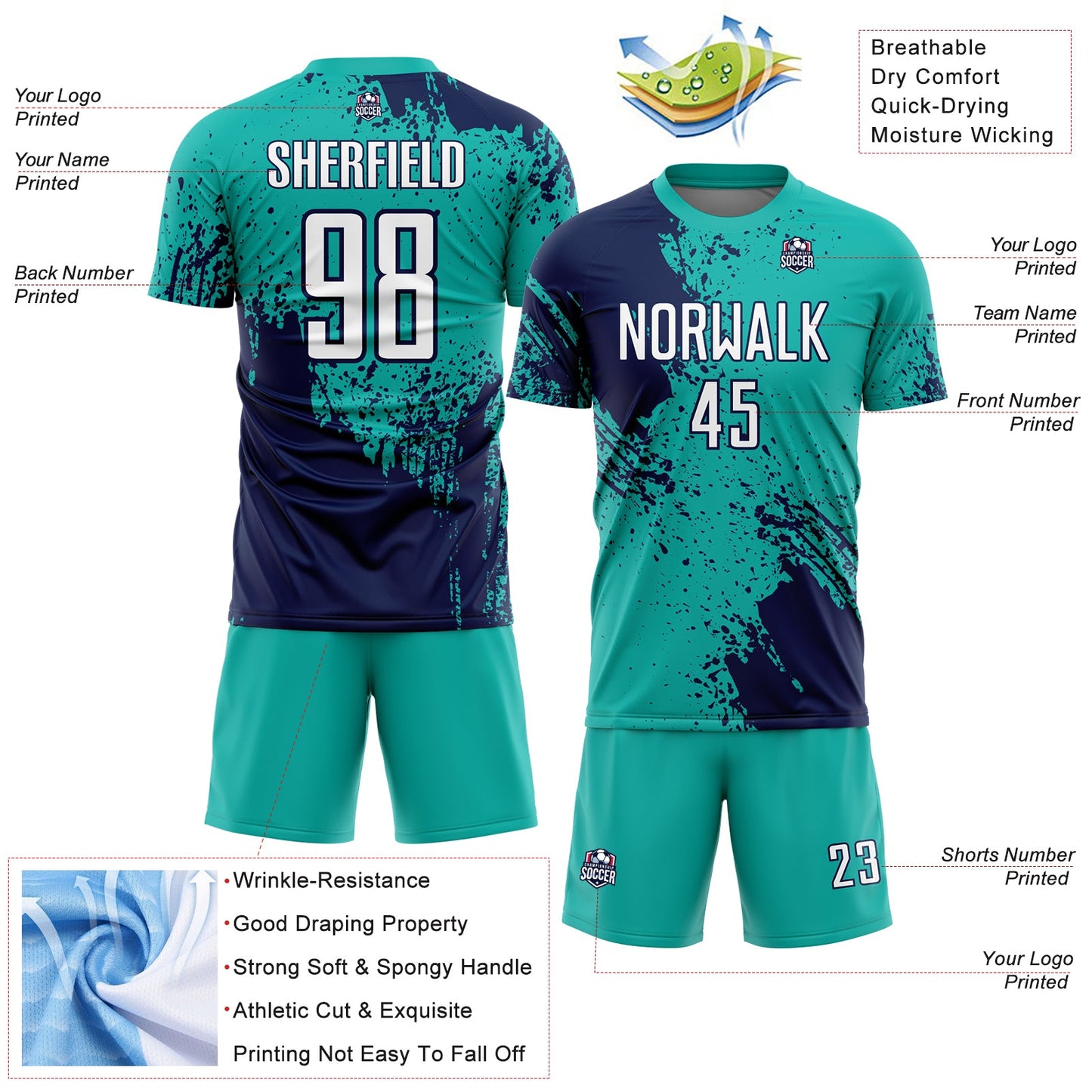 Custom Aqua White-Navy Abstract Brush Stroke Sports Sublimation Soccer Uniform Jersey view 4
