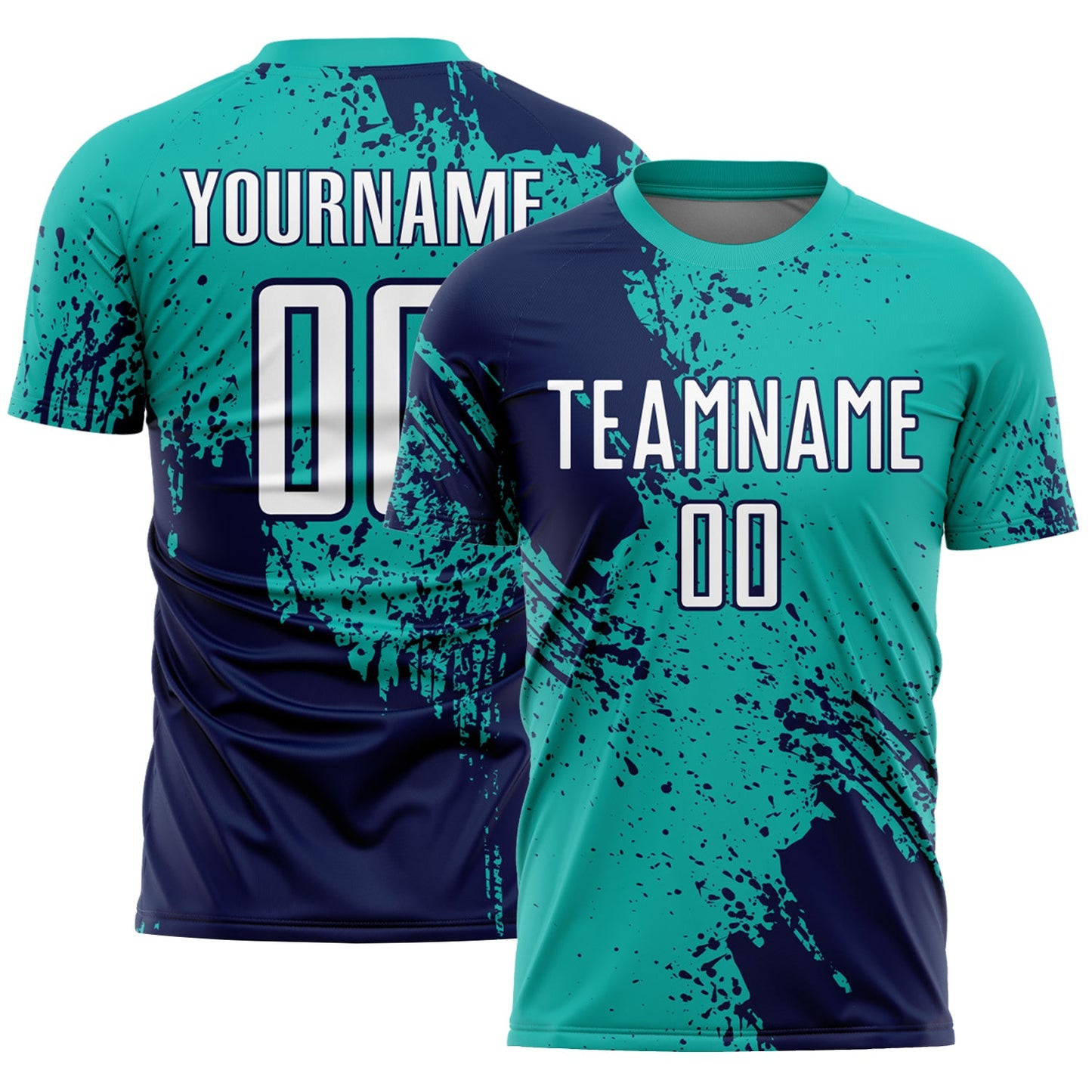 Custom Aqua White-Navy Abstract Brush Stroke Sports Sublimation Soccer Uniform Jersey - Main View