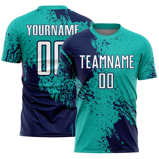 Custom Aqua White-Navy Abstract Brush Stroke Sports Sublimation Soccer Uniform Jersey - Main View