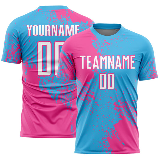 Custom Sky Blue White-Pink Abstract Brush Stroke Sports Sublimation Soccer Uniform Jersey - Main View