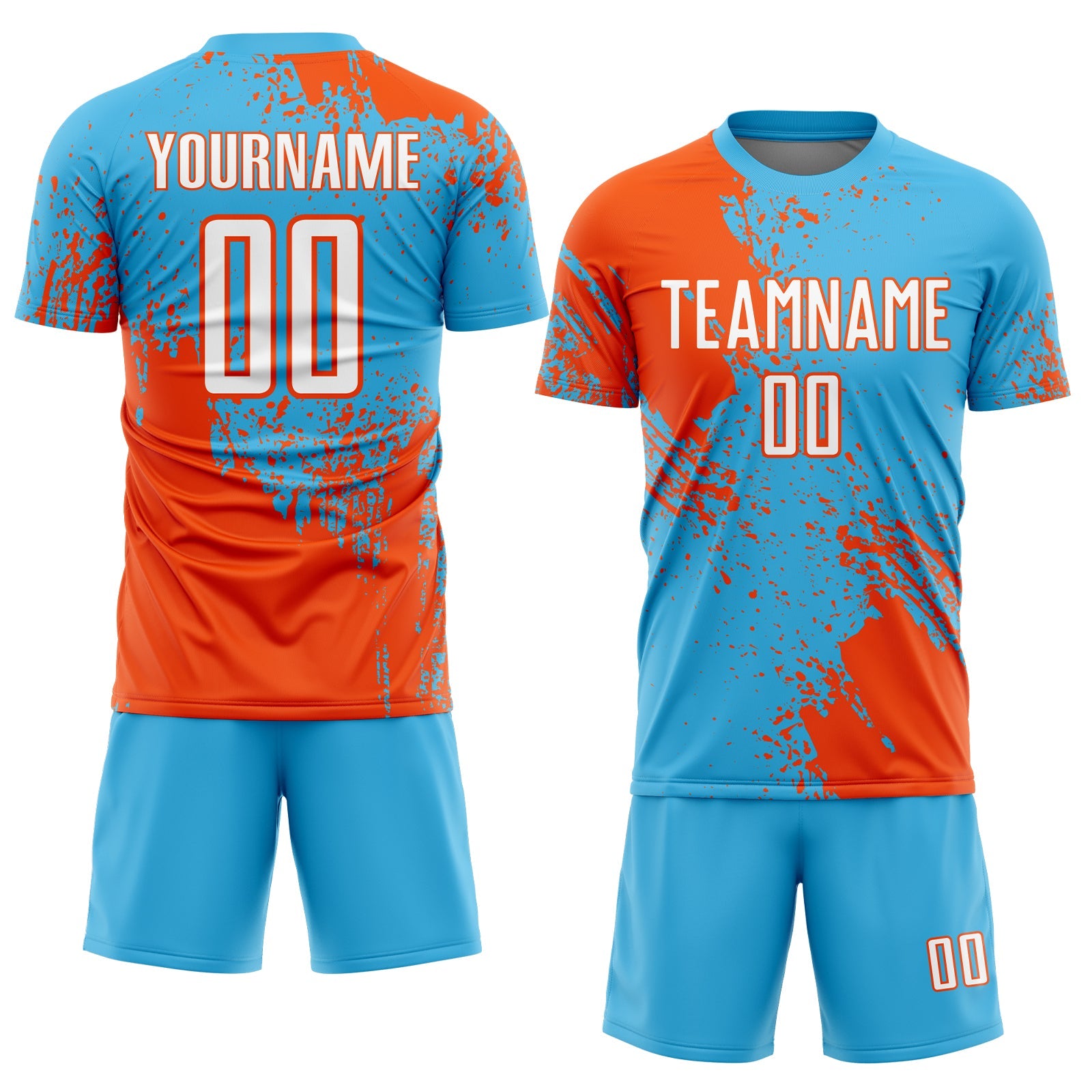 Custom Sky Blue White-Orange Abstract Brush Stroke Sports Sublimation Soccer Uniform Jersey view 2