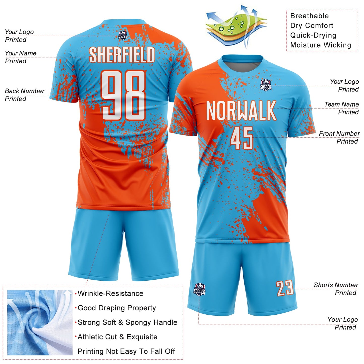 Custom Sky Blue White-Orange Abstract Brush Stroke Sports Sublimation Soccer Uniform Jersey view 4