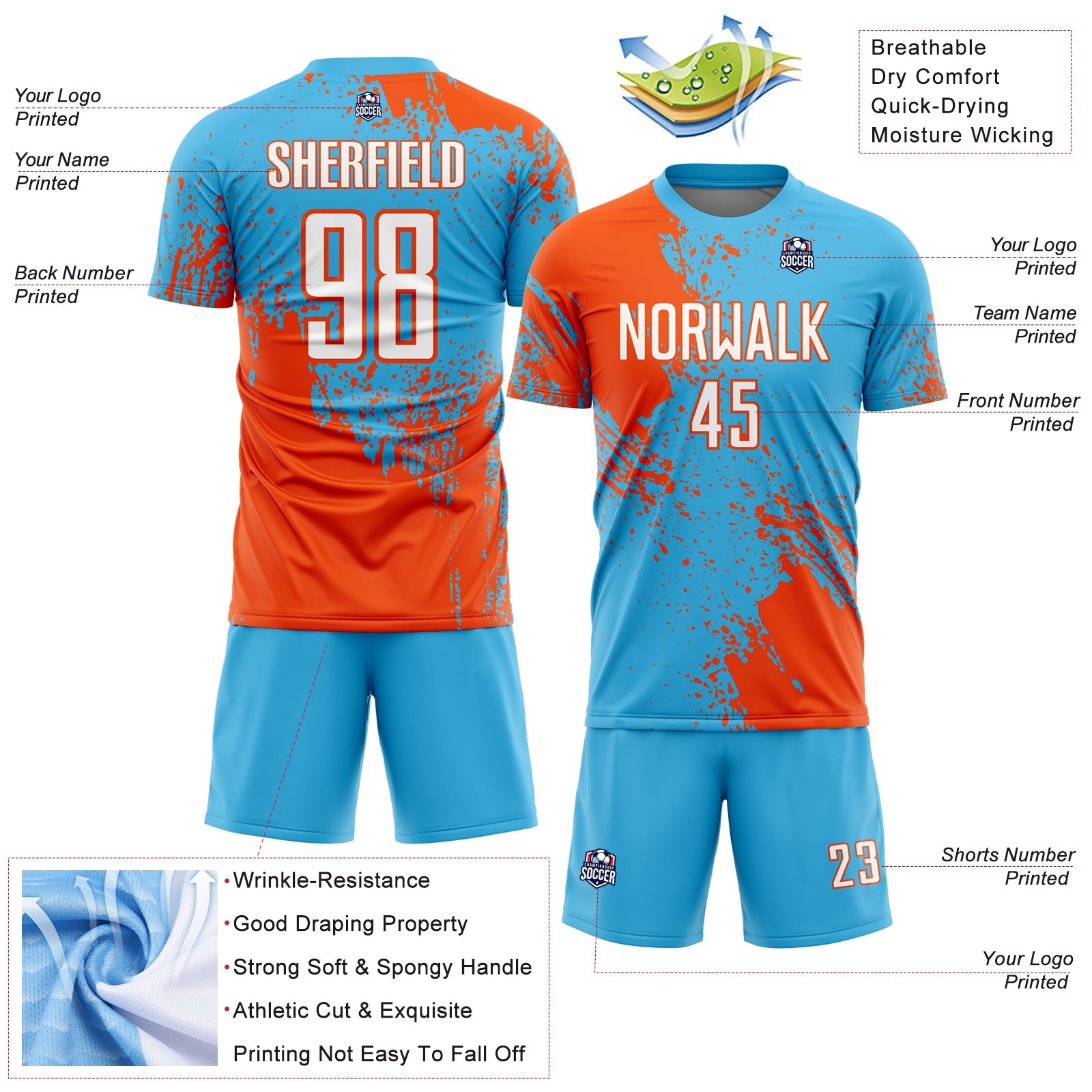 Custom Sky Blue White-Orange Abstract Brush Stroke Sports Sublimation Soccer Uniform Jersey view 4