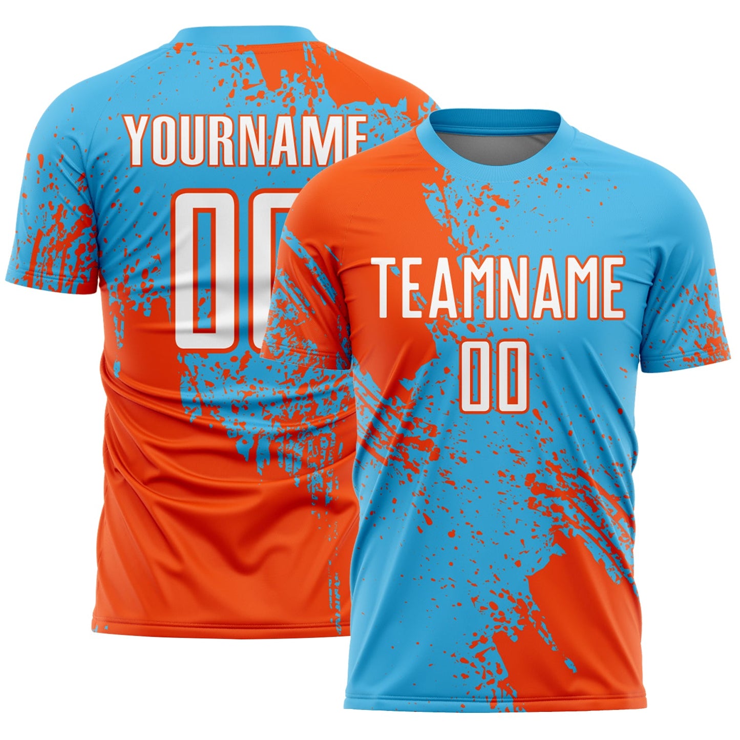 Custom Sky Blue White-Orange Abstract Brush Stroke Sports Sublimation Soccer Uniform Jersey - Main View
