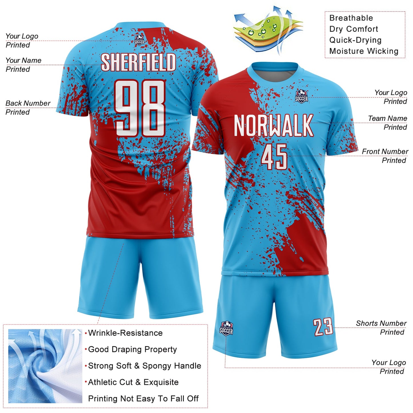 Custom Sky Blue White-Red Abstract Brush Stroke Sports Sublimation Soccer Uniform Jersey view 4
