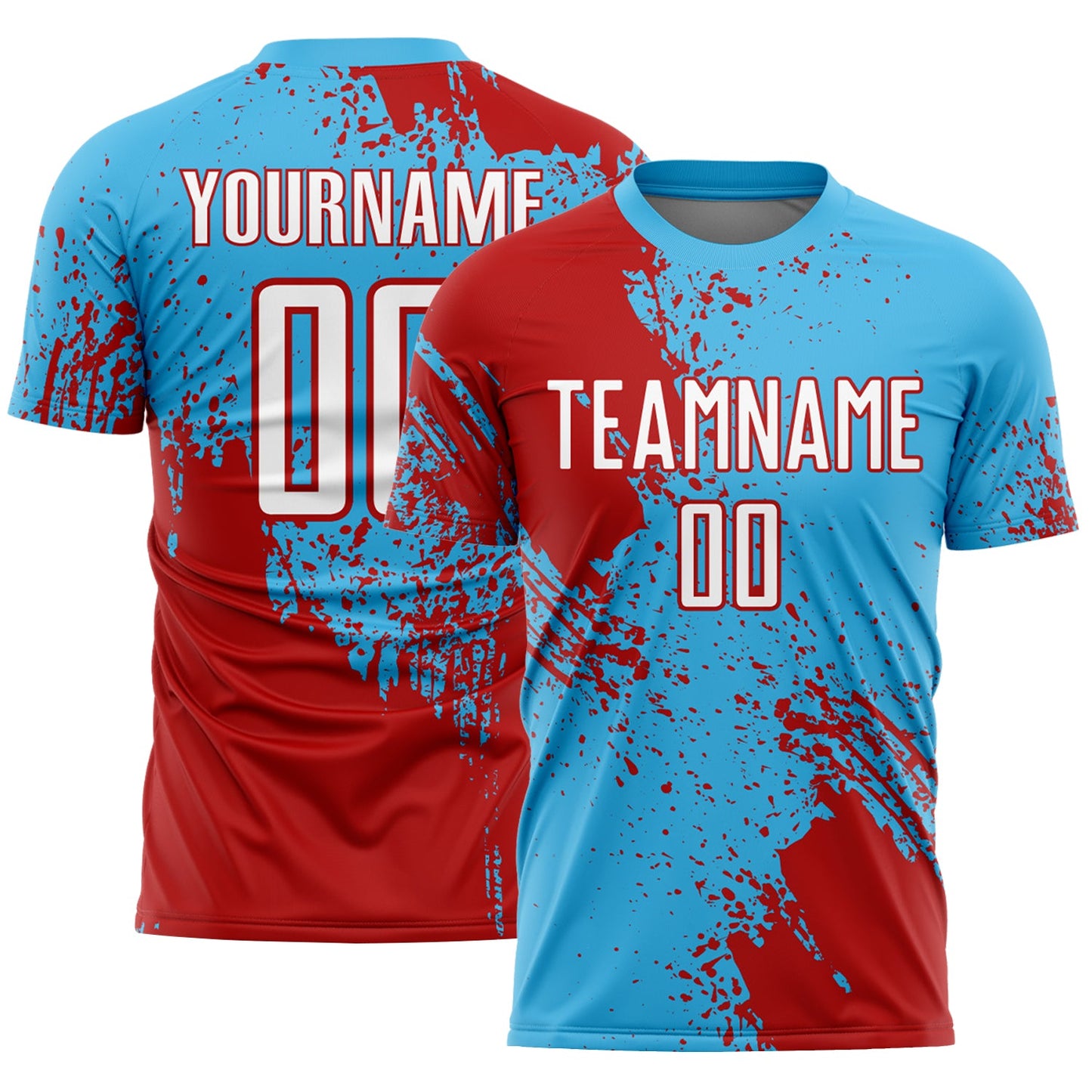 Custom Sky Blue White-Red Abstract Brush Stroke Sports Sublimation Soccer Uniform Jersey - Main View