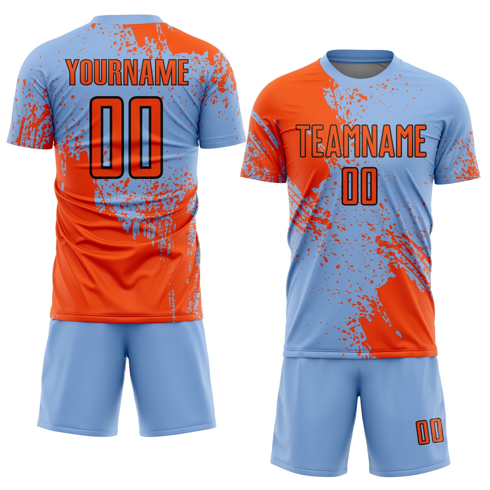 Custom Light Blue Orange-Black Abstract Brush Stroke Sports Sublimation Soccer Uniform Jersey view 2