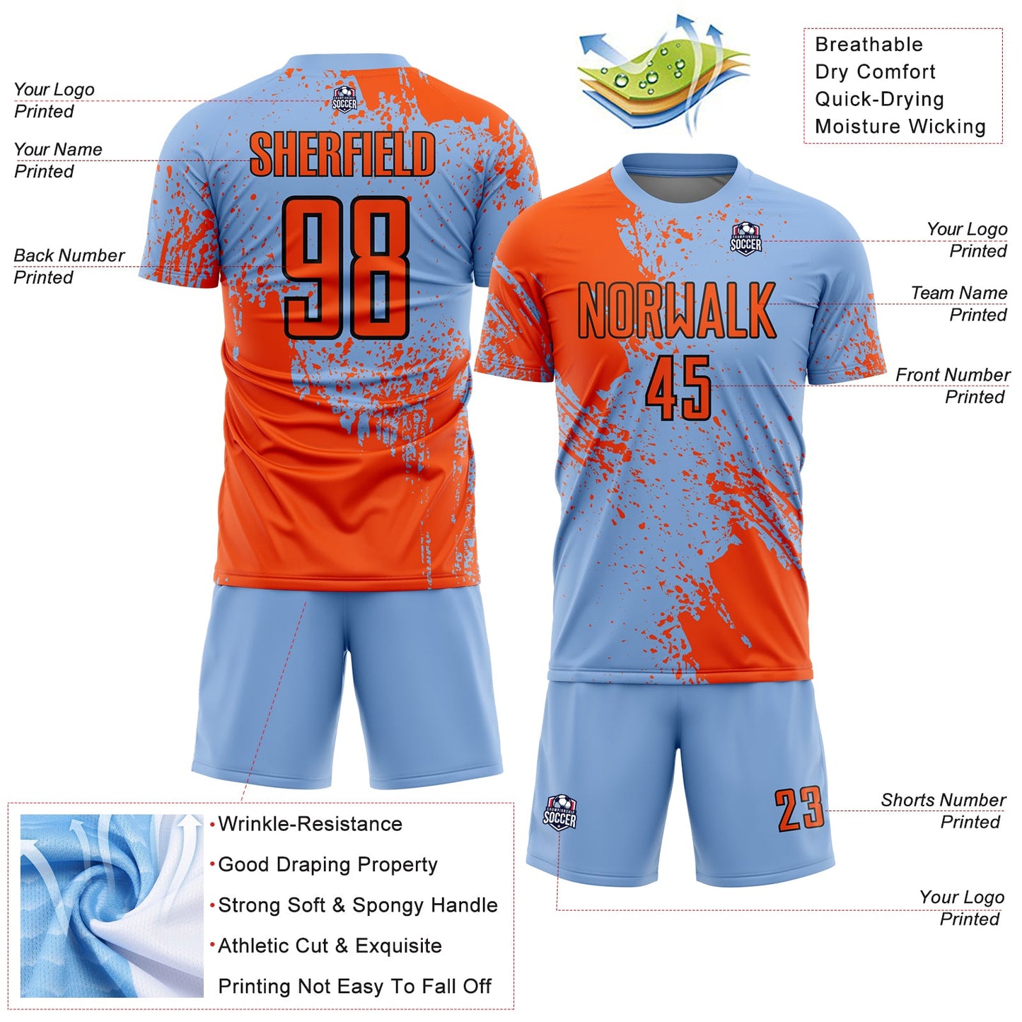 Custom Light Blue Orange-Black Abstract Brush Stroke Sports Sublimation Soccer Uniform Jersey view 4