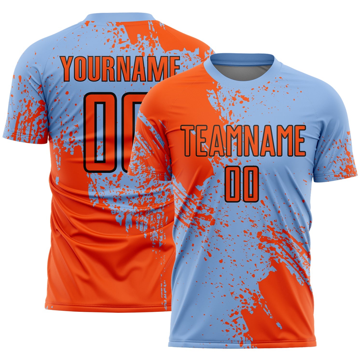 Custom Light Blue Orange-Black Abstract Brush Stroke Sports Sublimation Soccer Uniform Jersey - Main View