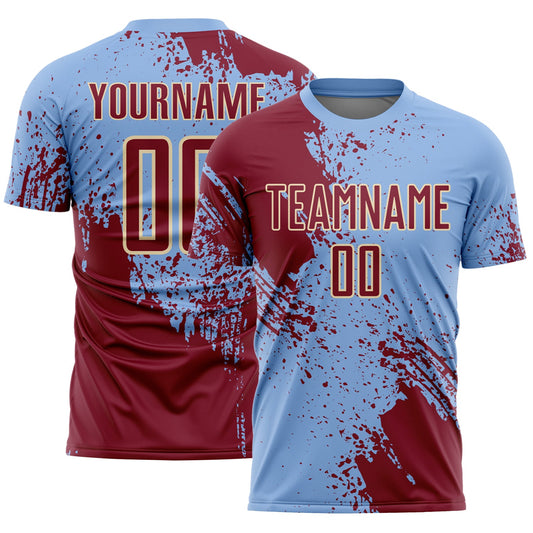 Custom Light Blue Crimson-Cream Abstract Brush Stroke Sports Sublimation Soccer Uniform Jersey - Main View