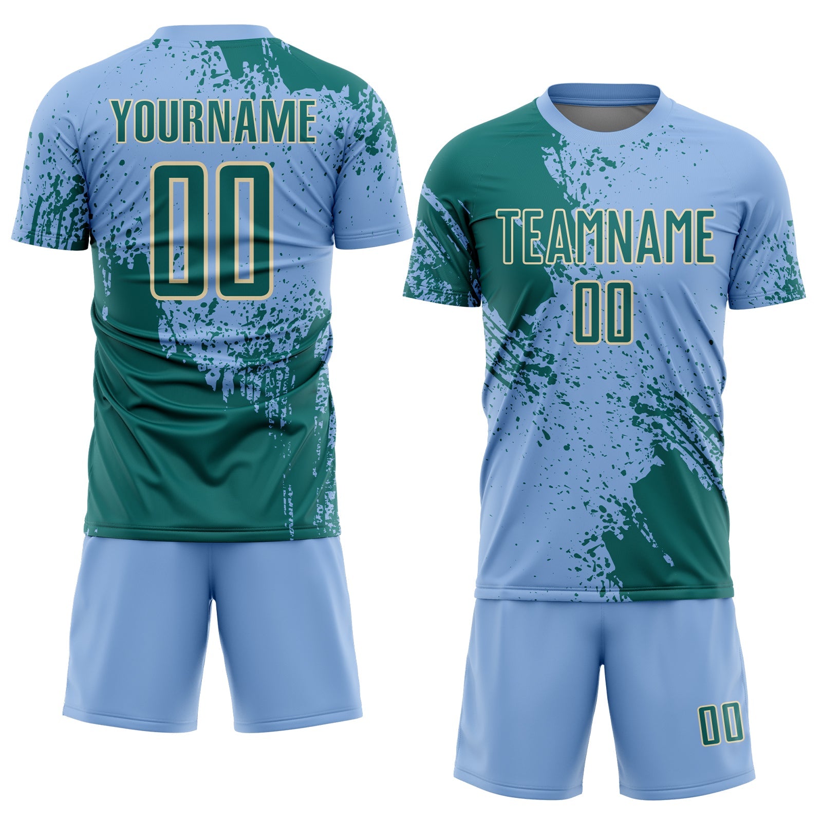 Custom Light Blue Teal-Cream Abstract Brush Stroke Sports Sublimation Soccer Uniform Jersey view 2