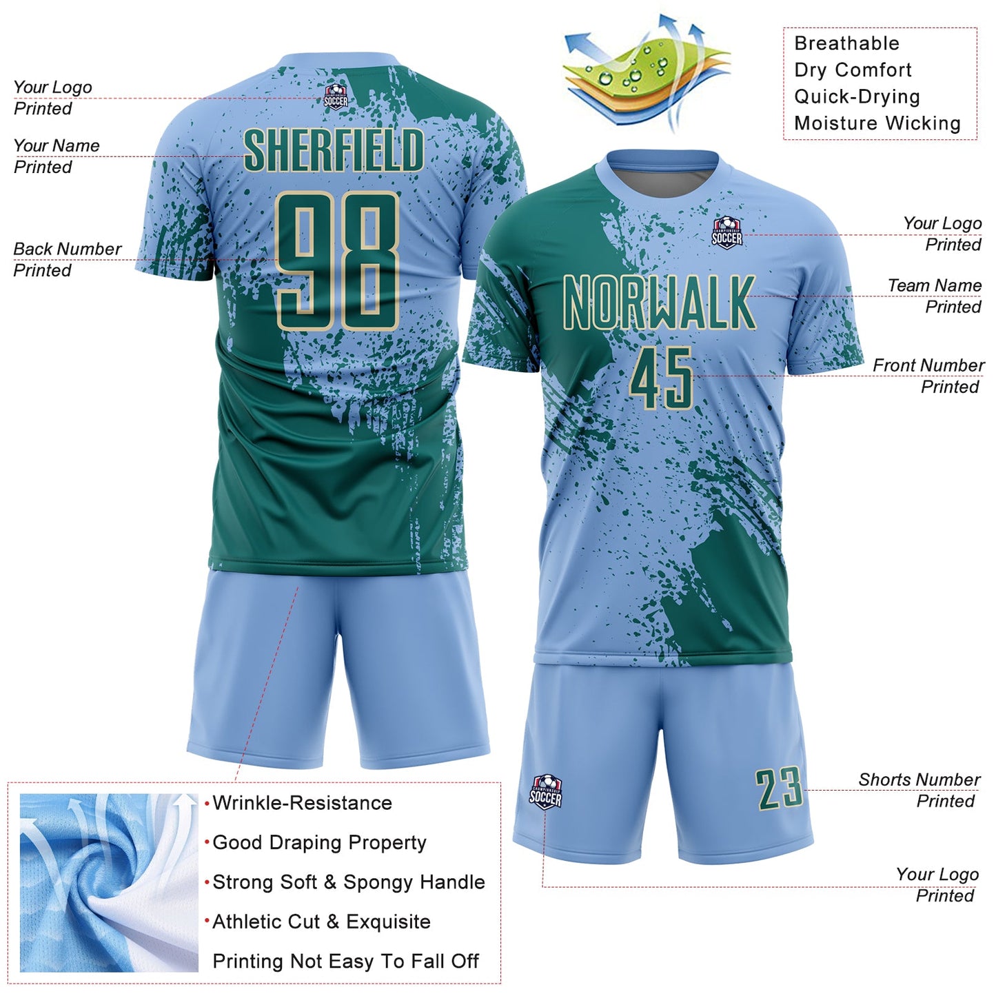 Custom Light Blue Teal-Cream Abstract Brush Stroke Sports Sublimation Soccer Uniform Jersey view 4