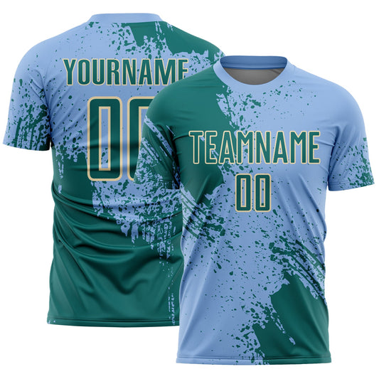 Custom Light Blue Teal-Cream Abstract Brush Stroke Sports Sublimation Soccer Uniform Jersey - Main View
