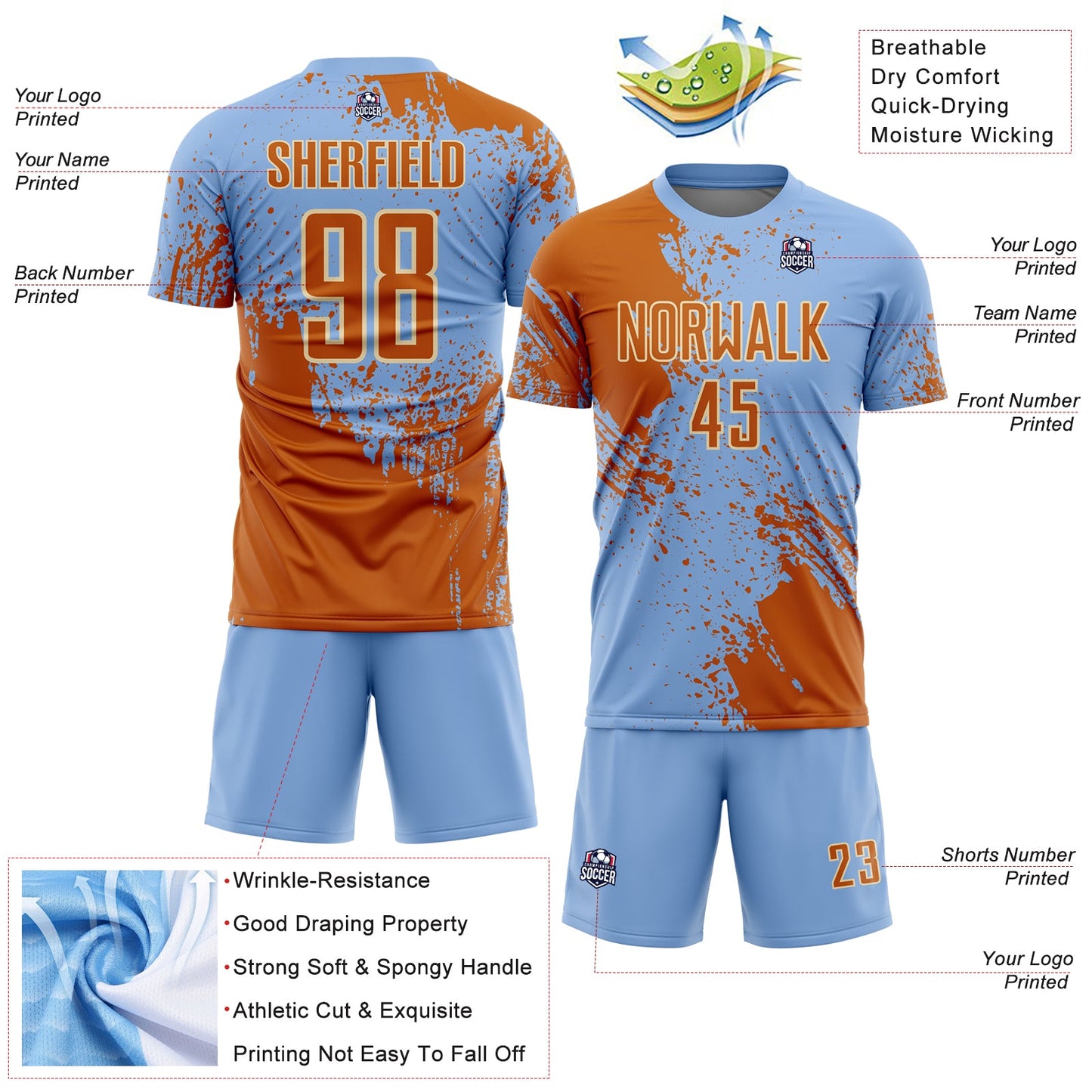 Custom Light Blue Texas Orange-Cream Abstract Brush Stroke Sports Sublimation Soccer Uniform Jersey view 4