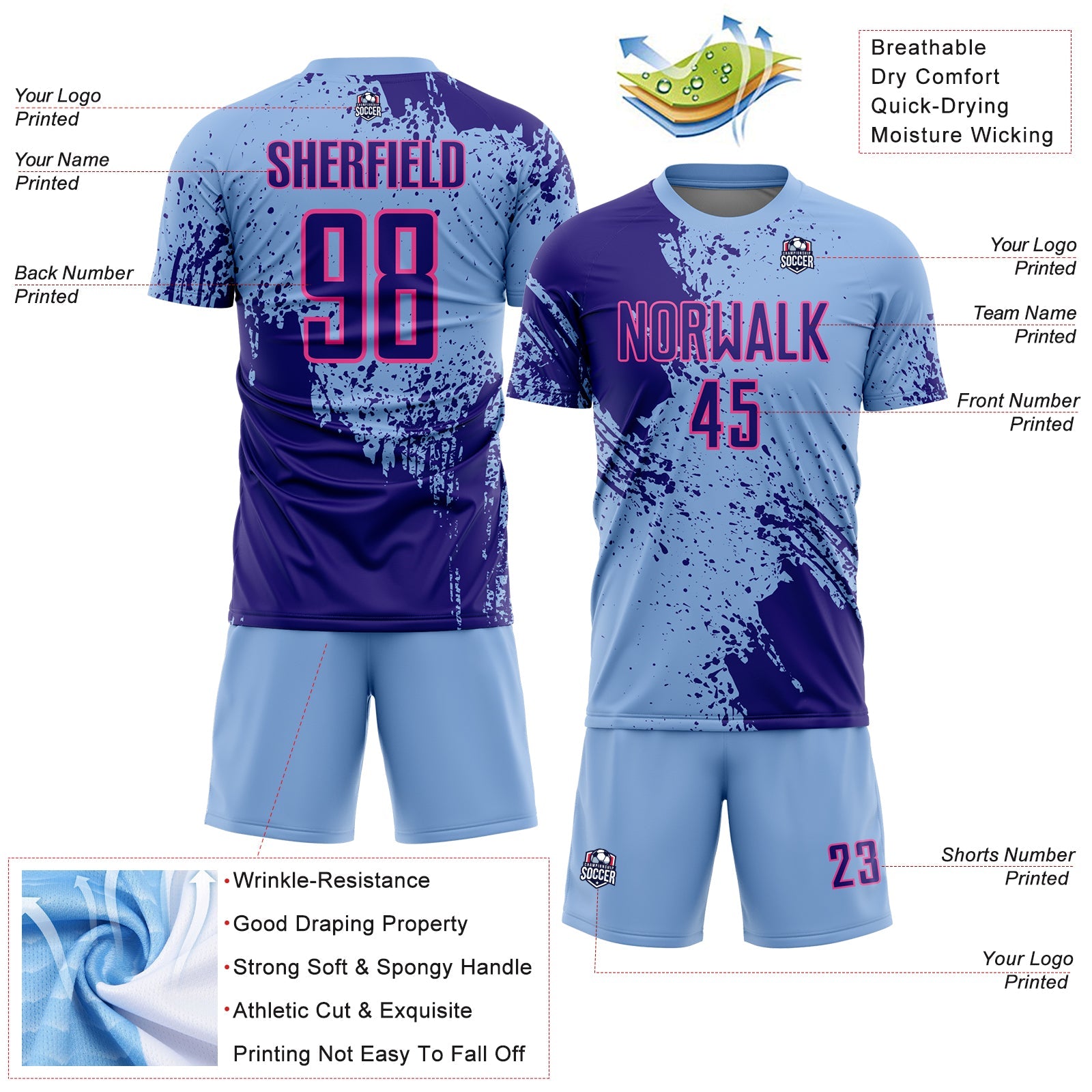 Custom Light Blue Dark Purple-Pink Abstract Brush Stroke Sports Sublimation Soccer Uniform Jersey view 4