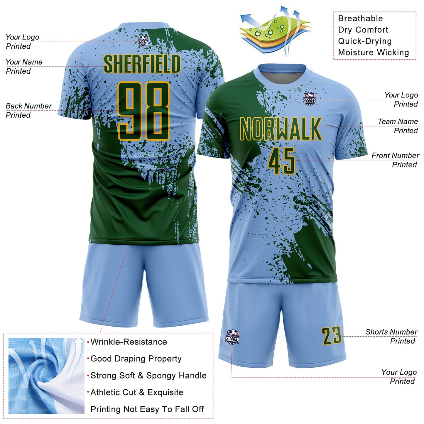 Custom Light Blue Green-Gold Abstract Brush Stroke Sports Sublimation Soccer Uniform Jersey view 4