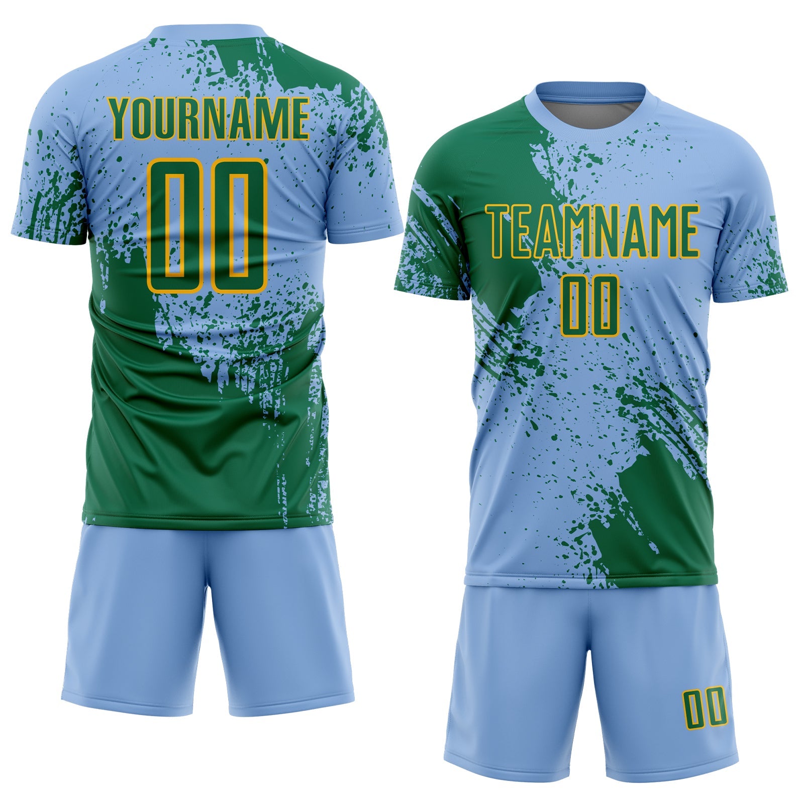 Custom Light Blue Kelly Green-Gold Abstract Brush Stroke Sports Sublimation Soccer Uniform Jersey view 2