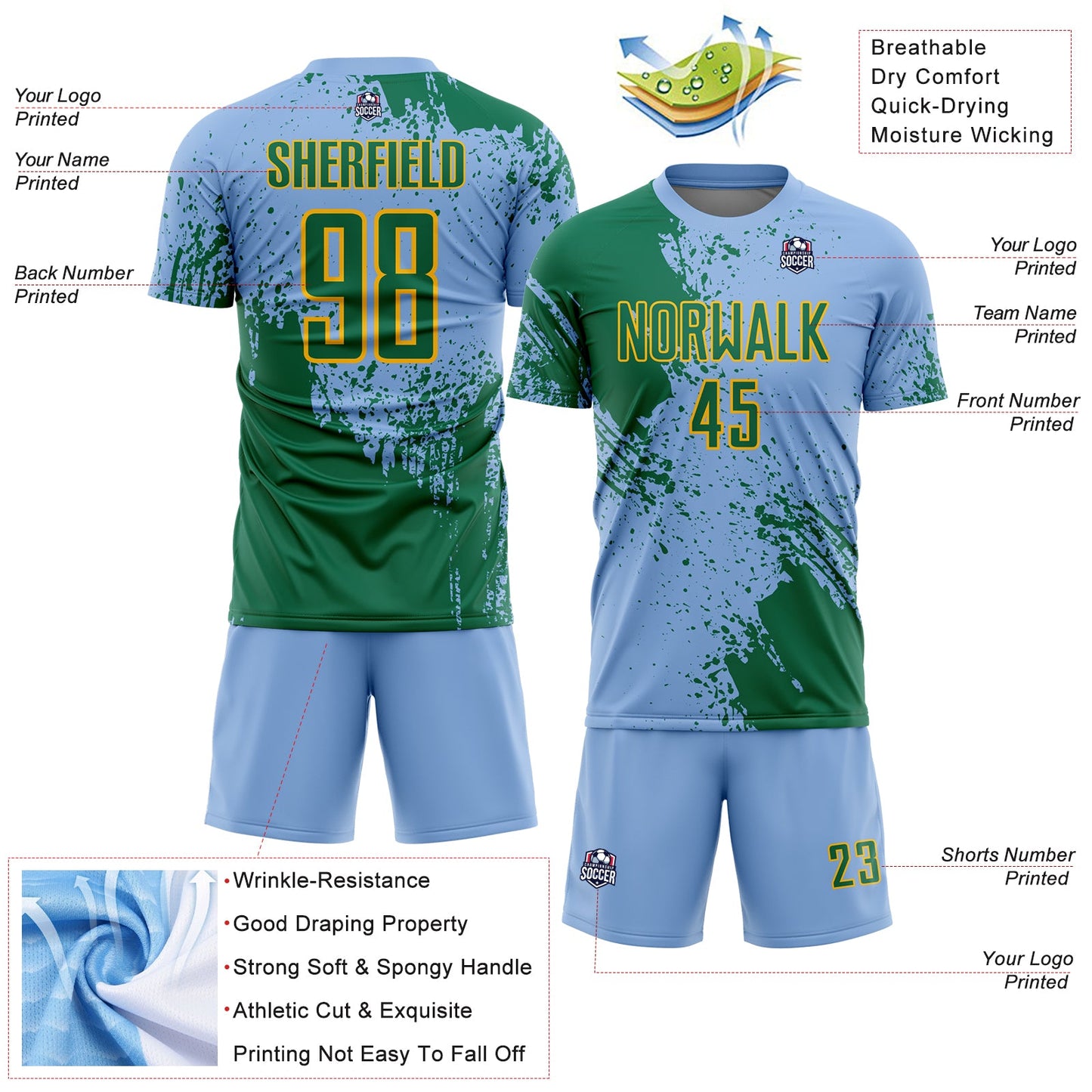 Custom Light Blue Kelly Green-Gold Abstract Brush Stroke Sports Sublimation Soccer Uniform Jersey view 4