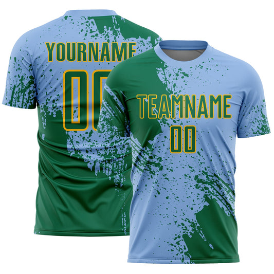 Custom Light Blue Kelly Green-Gold Abstract Brush Stroke Sports Sublimation Soccer Uniform Jersey - Main View