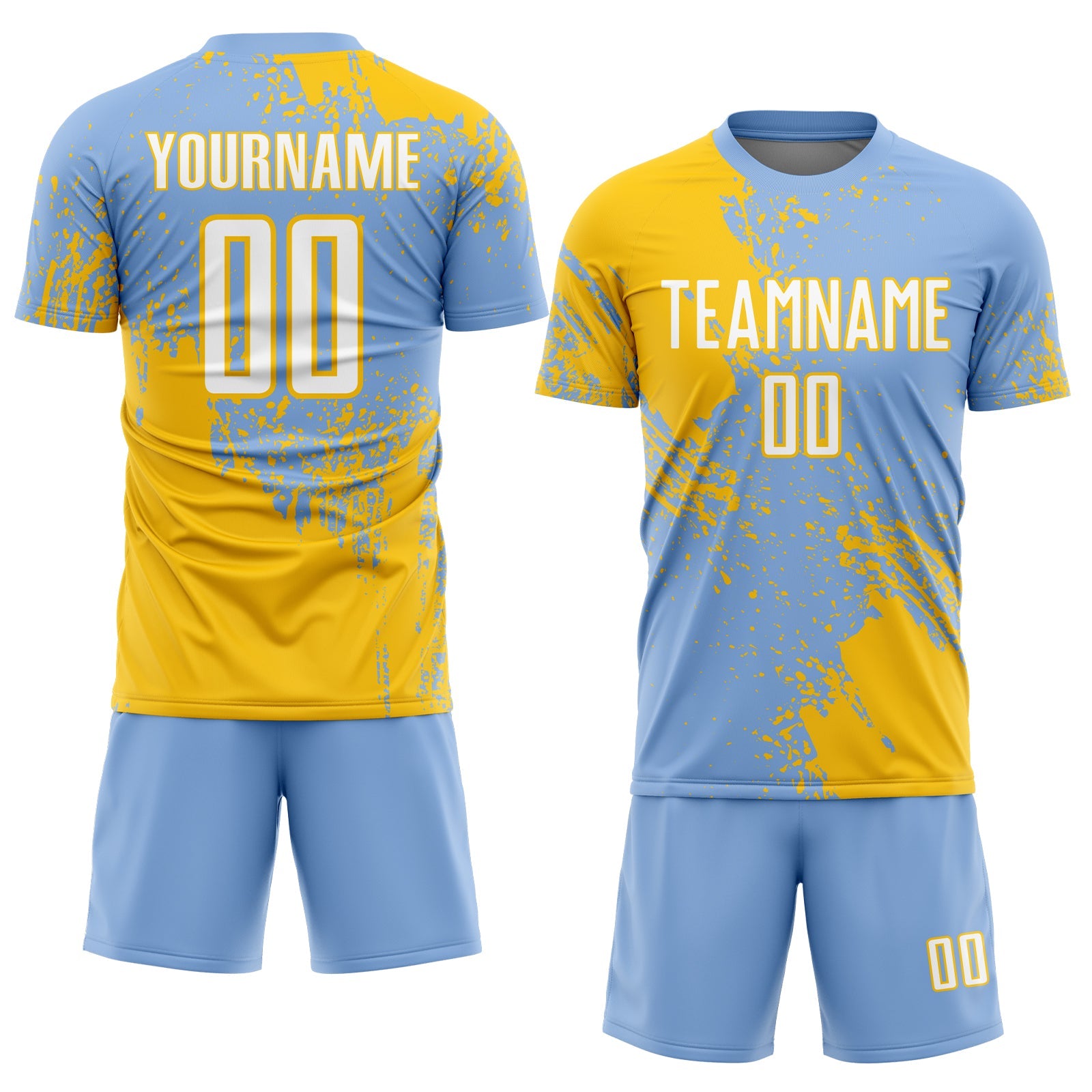Custom Light Blue White-Yellow Abstract Brush Stroke Sports Sublimation Soccer Uniform Jersey view 2