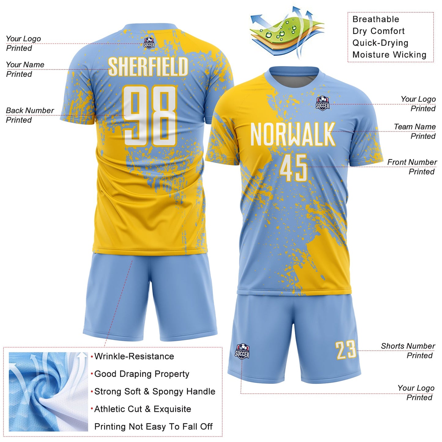 Custom Light Blue White-Yellow Abstract Brush Stroke Sports Sublimation Soccer Uniform Jersey view 4