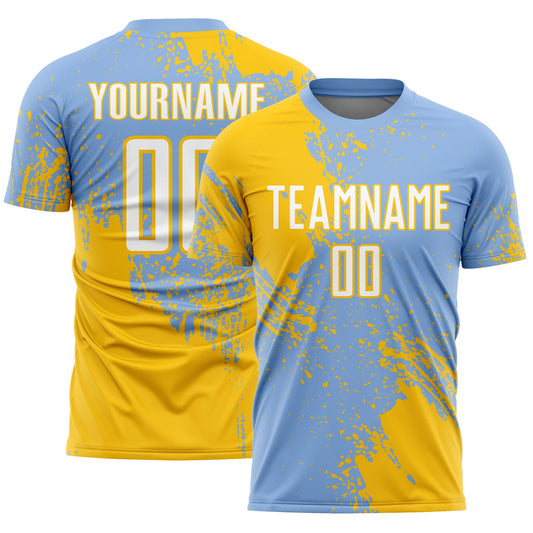 Custom Light Blue White-Yellow Abstract Brush Stroke Sports Sublimation Soccer Uniform Jersey - Main View