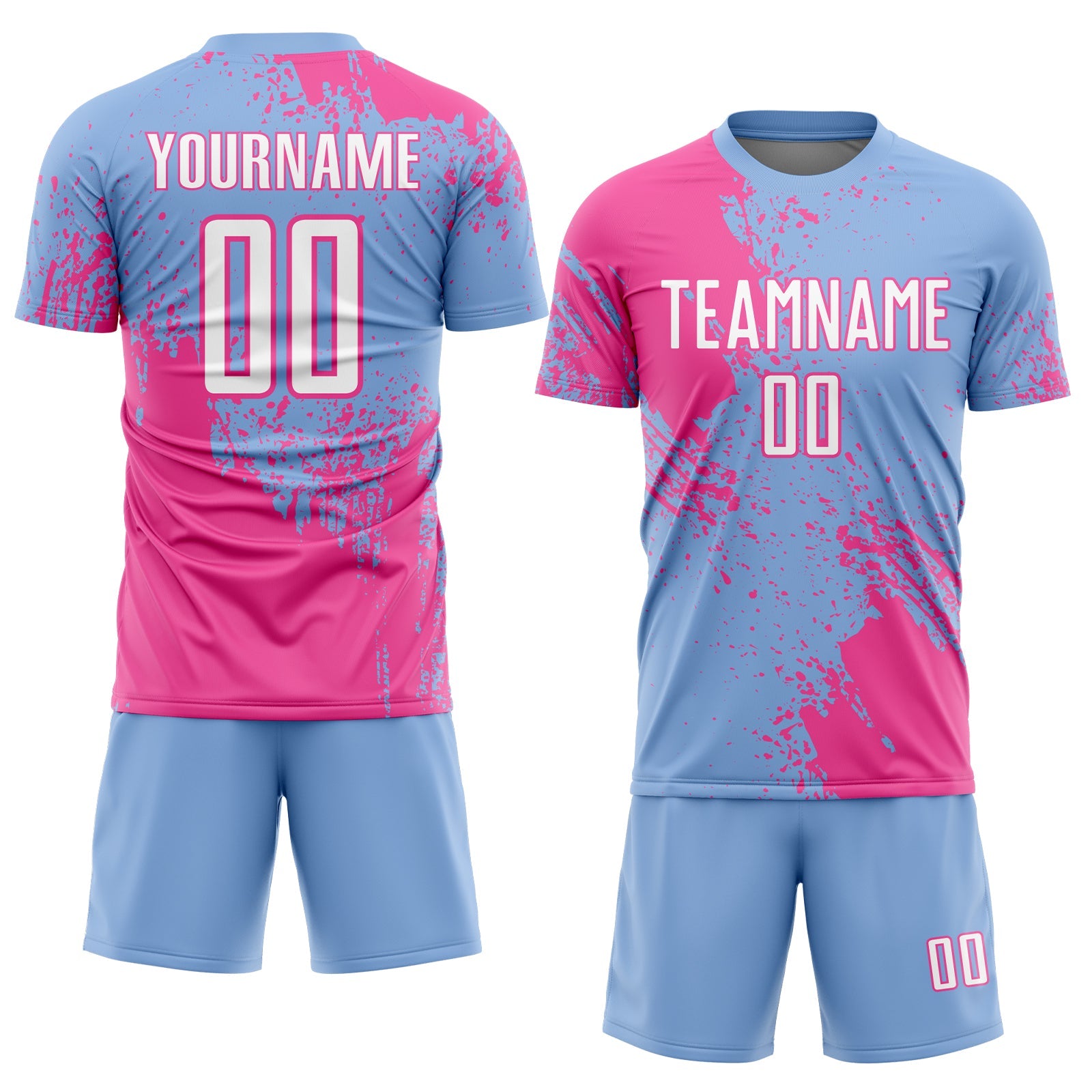 Custom Light Blue White-Pink Abstract Brush Stroke Sports Sublimation Soccer Uniform Jersey view 2