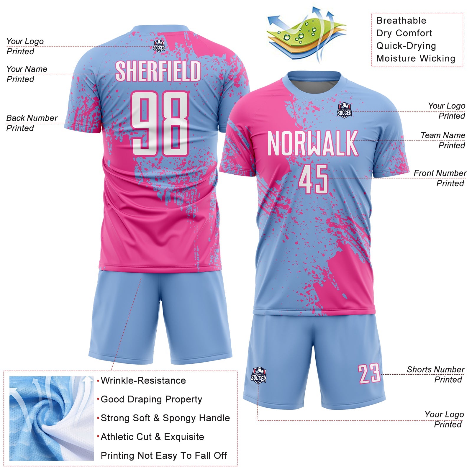 Custom Light Blue White-Pink Abstract Brush Stroke Sports Sublimation Soccer Uniform Jersey view 4