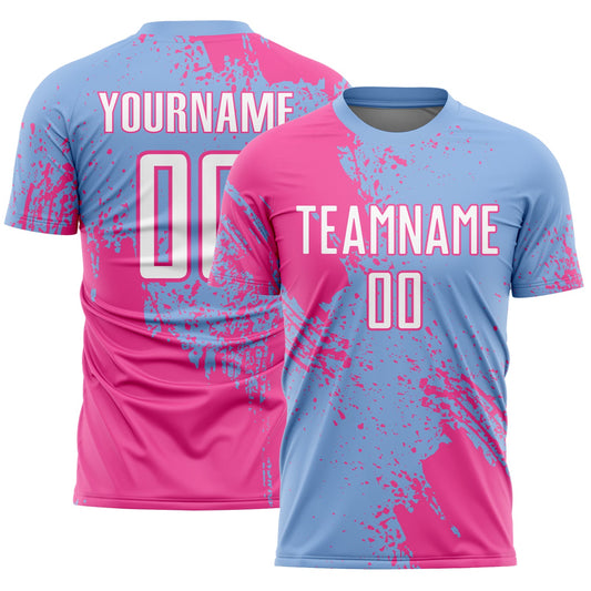 Custom Light Blue White-Pink Abstract Brush Stroke Sports Sublimation Soccer Uniform Jersey - Main View
