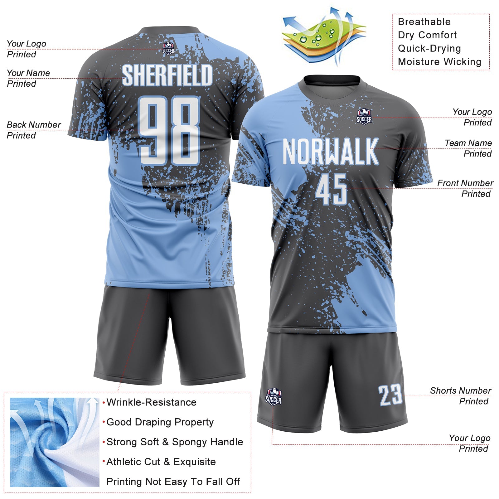 Custom Steel Gray White-Light Blue Abstract Brush Stroke Sports Sublimation Soccer Uniform Jersey view 4