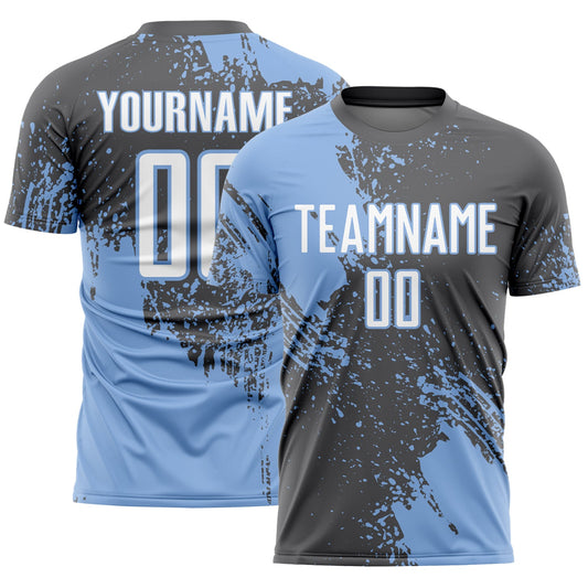 Custom Steel Gray White-Light Blue Abstract Brush Stroke Sports Sublimation Soccer Uniform Jersey - Main View