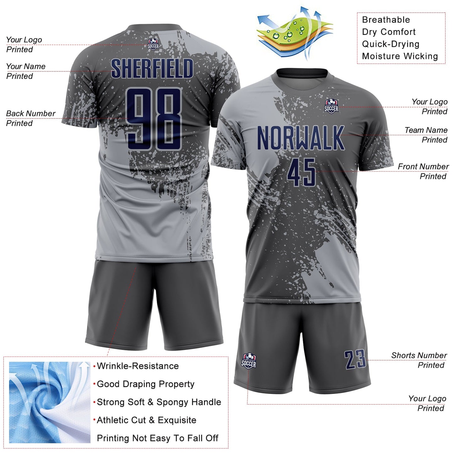 Custom Steel Gray Navy-Gray Abstract Brush Stroke Sports Sublimation Soccer Uniform Jersey view 4