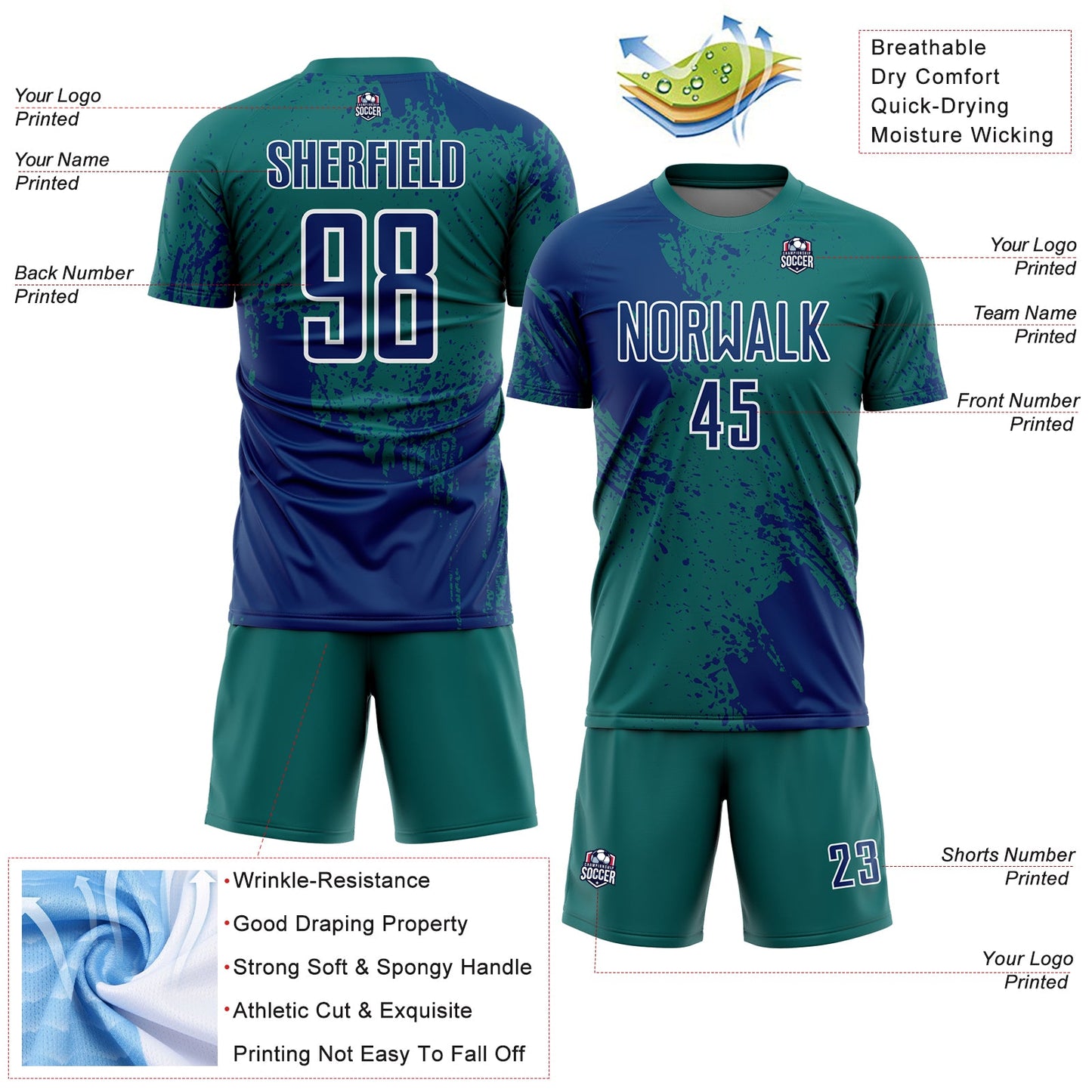 Custom Teal US Navy Blue-White Abstract Brush Stroke Sports Sublimation Soccer Uniform Jersey view 4