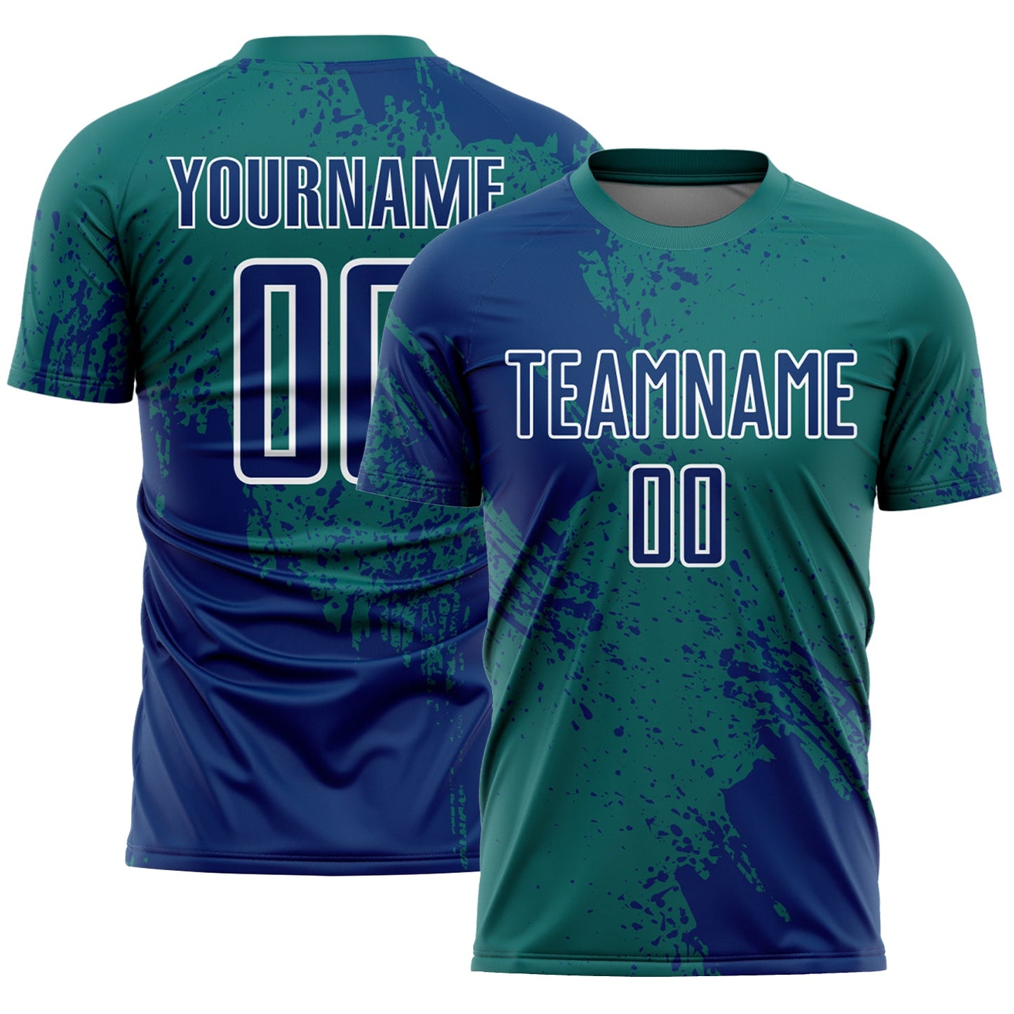 Custom Teal US Navy Blue-White Abstract Brush Stroke Sports Sublimation Soccer Uniform Jersey - Main View