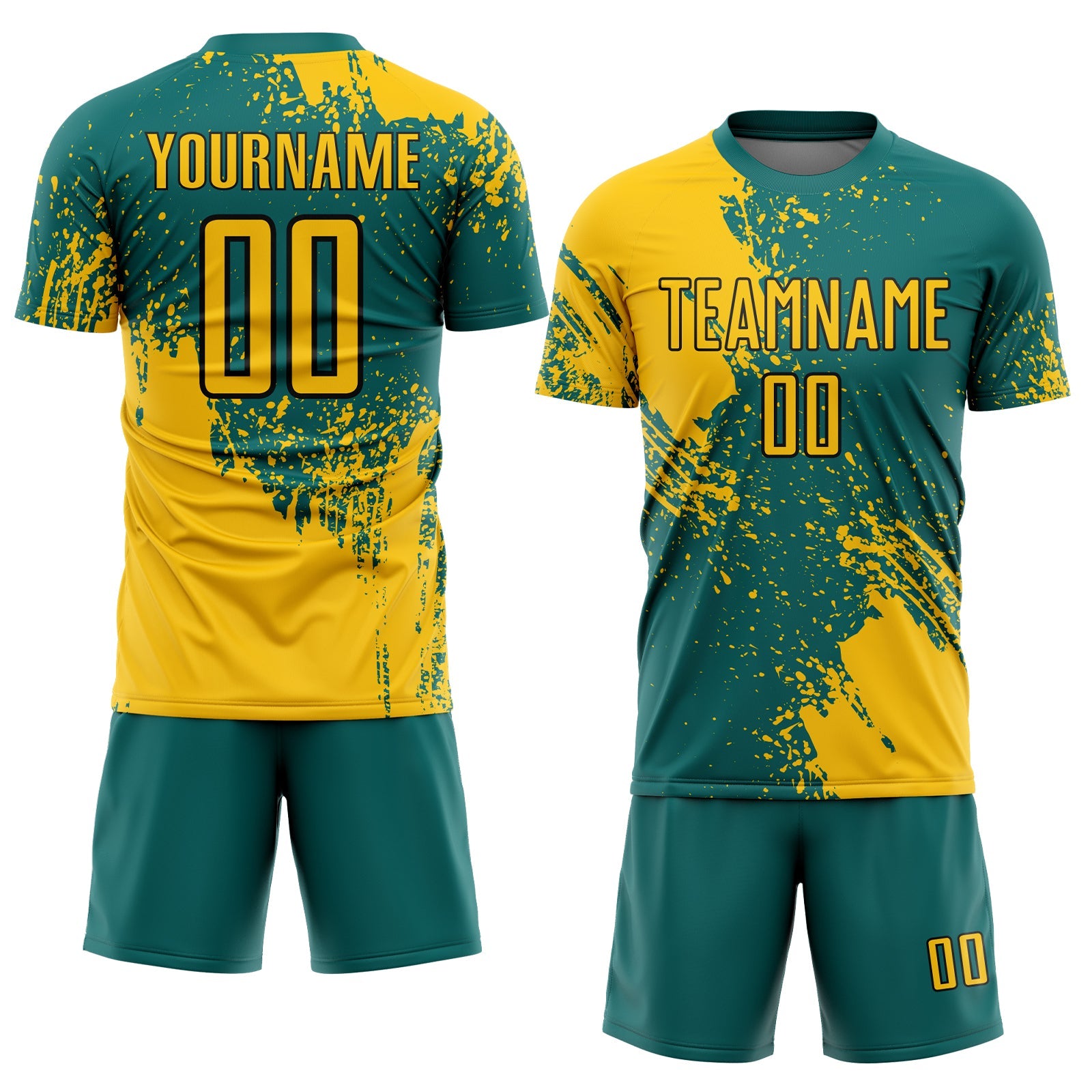 Custom Teal Yellow-Black Abstract Brush Stroke Sports Sublimation Soccer Uniform Jersey view 2