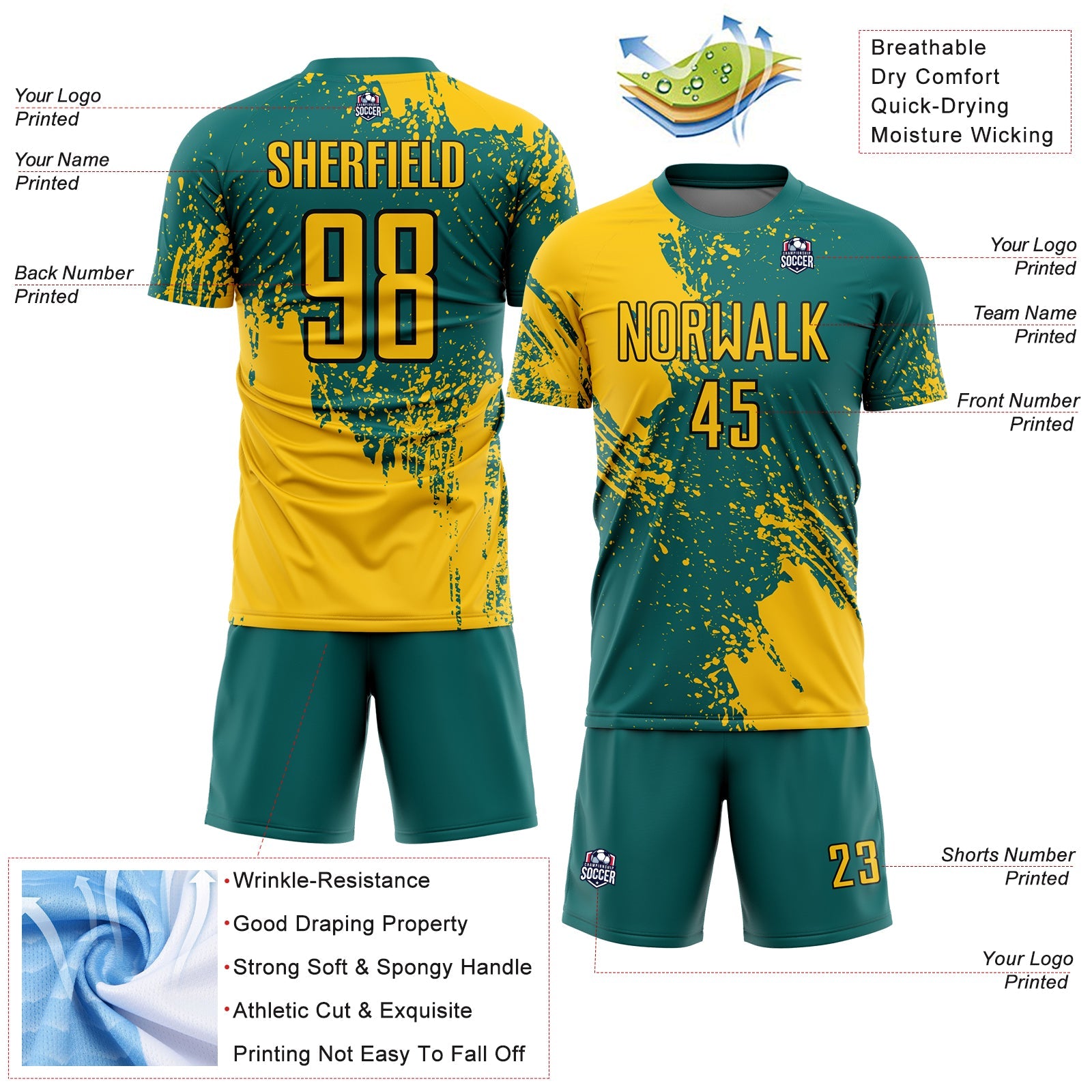 Custom Teal Yellow-Black Abstract Brush Stroke Sports Sublimation Soccer Uniform Jersey view 4