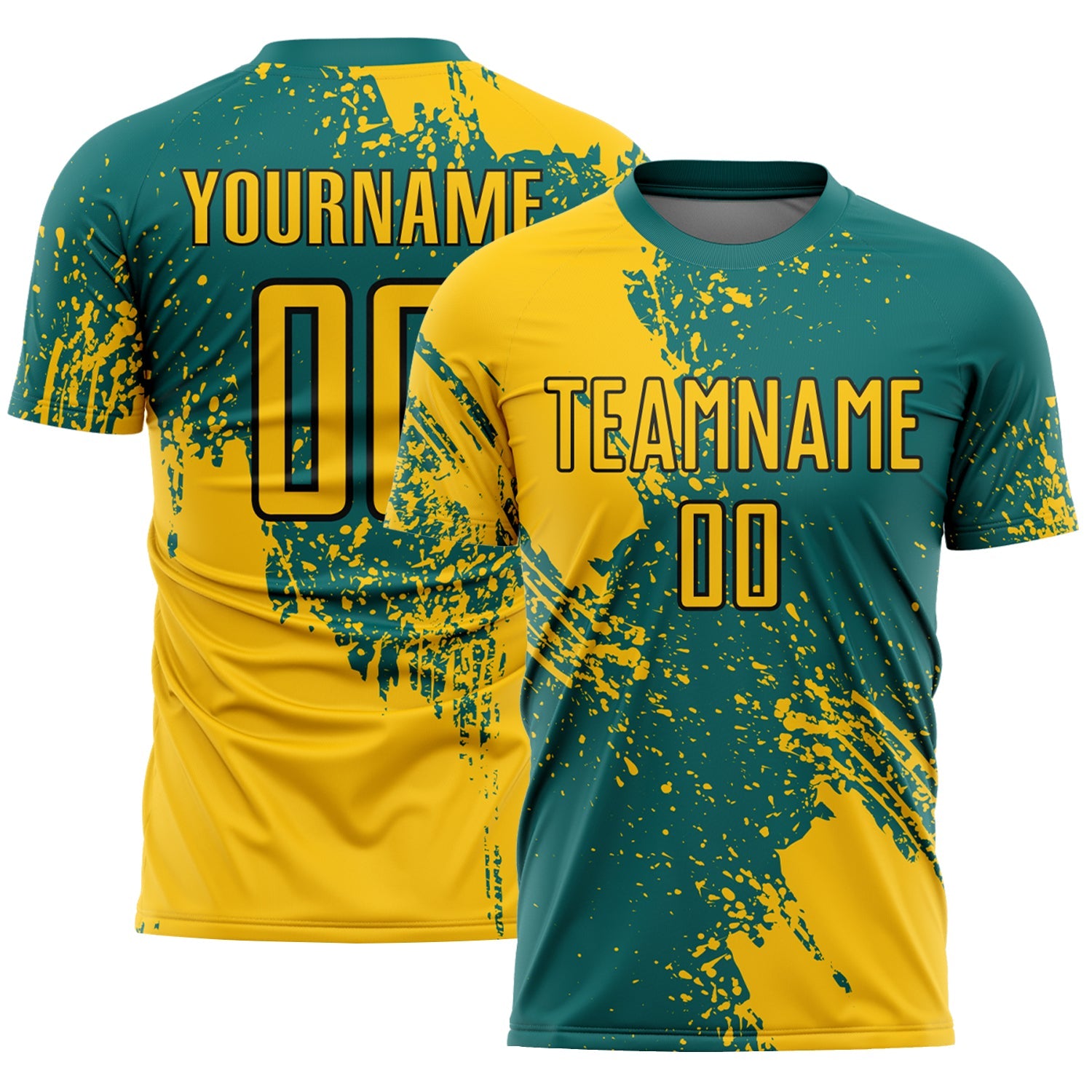 Custom Teal Yellow-Black Abstract Brush Stroke Sports Sublimation Soccer Uniform Jersey - Main View