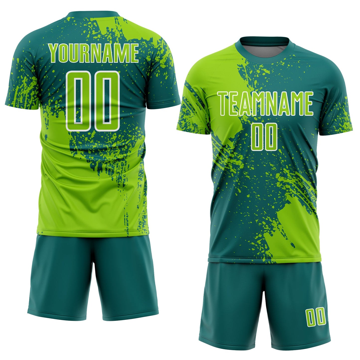 Custom Teal Neon Green-White Abstract Brush Stroke Sports Sublimation Soccer Uniform Jersey view 2