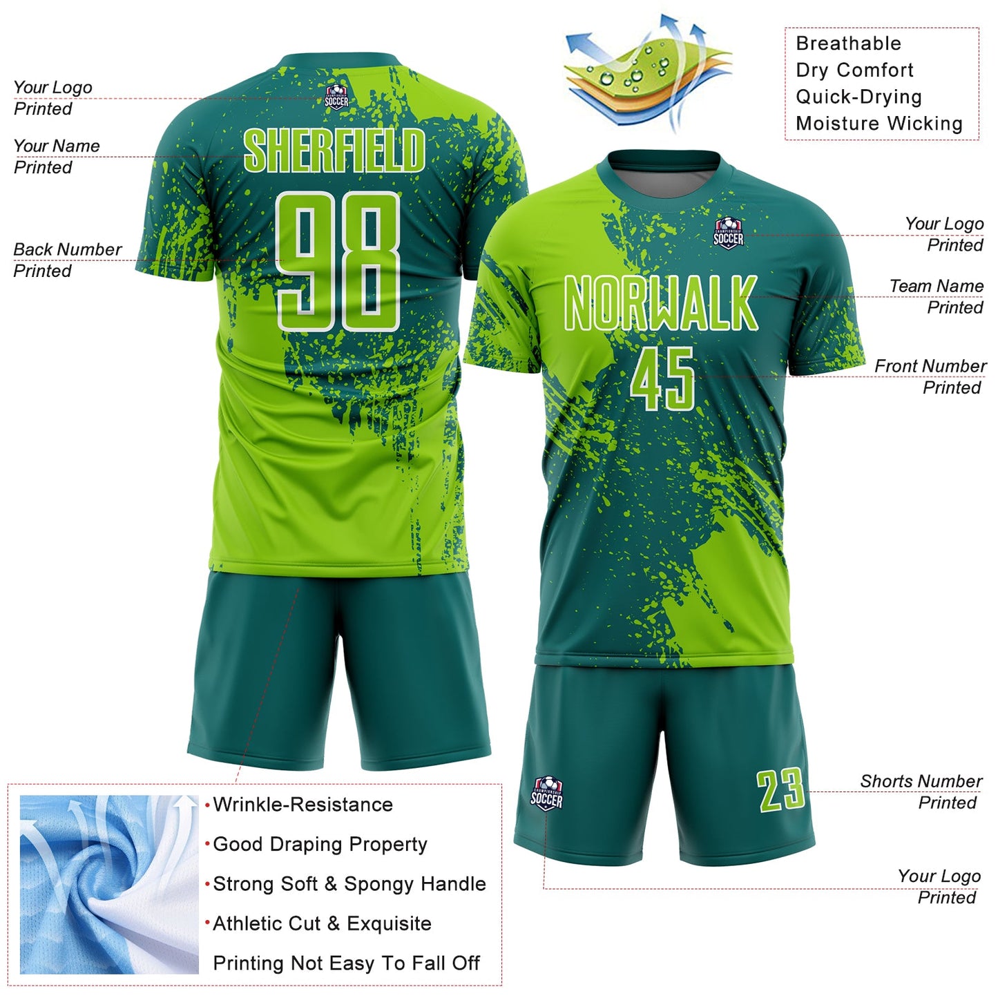 Custom Teal Neon Green-White Abstract Brush Stroke Sports Sublimation Soccer Uniform Jersey view 4