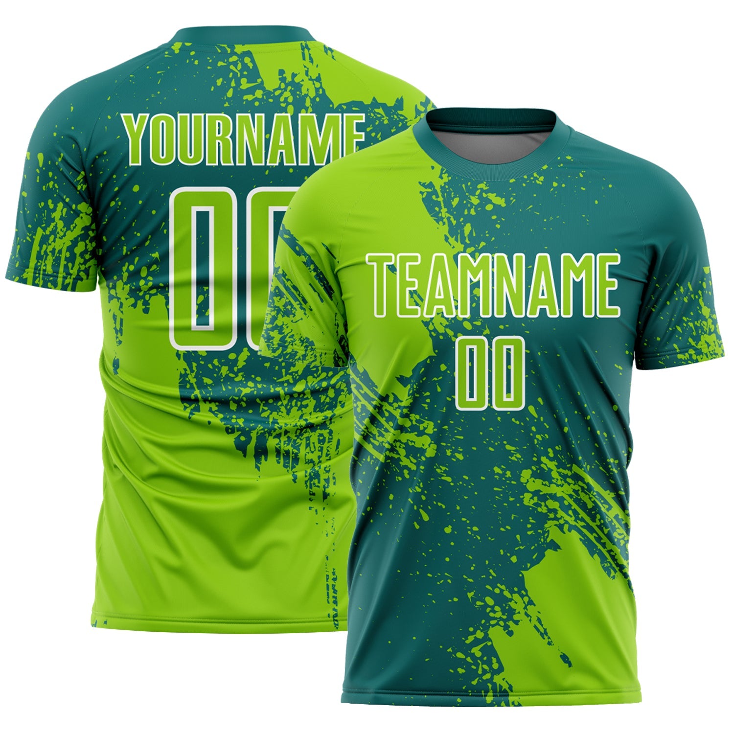 Custom Teal Neon Green-White Abstract Brush Stroke Sports Sublimation Soccer Uniform Jersey - Main View