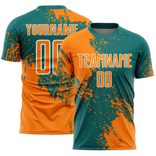 Custom Teal Bay Orange-White Abstract Brush Stroke Sports Sublimation Soccer Uniform Jersey - Main View
