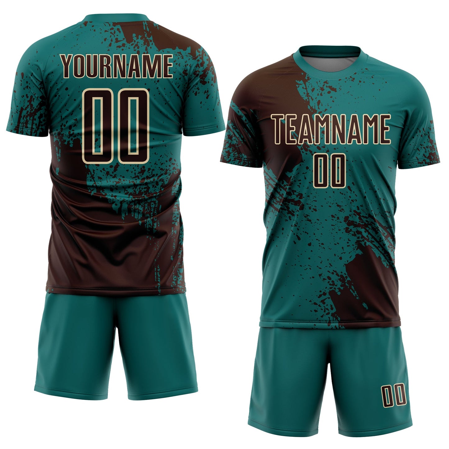 Custom Teal Brown-Cream Abstract Brush Stroke Sports Sublimation Soccer Uniform Jersey view 2